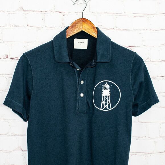 BILLY REID Men's Polo Shirt Blue Cotton life tower print size Small - Picture 1 of 8